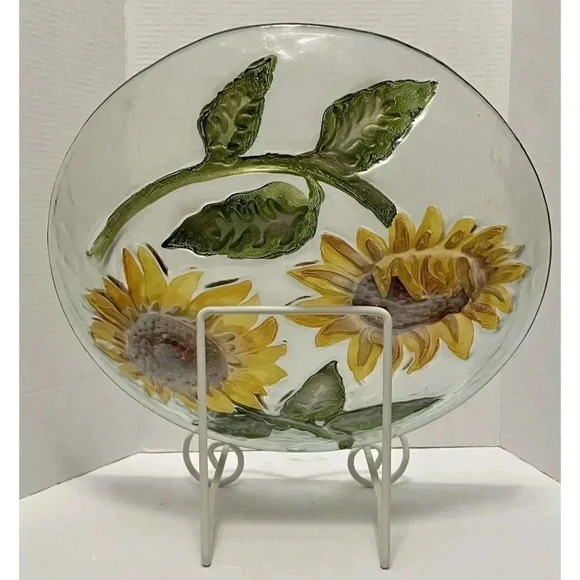 Fused Art Glass Bowl Sunflowers Fall Decor 18”  Stand not included. - Picture 2 of 4